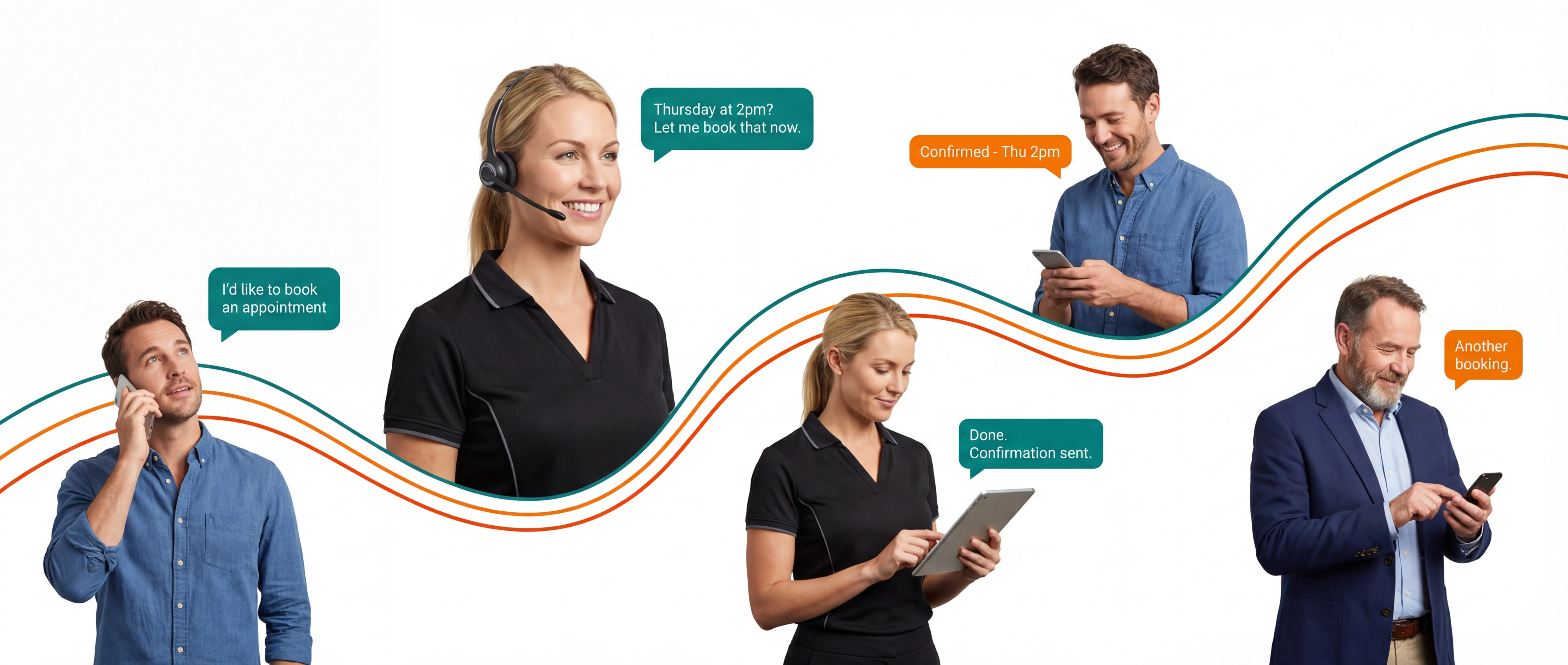 Booking flow: customer calls, AI agent books the appointment, business owner gets confirmation